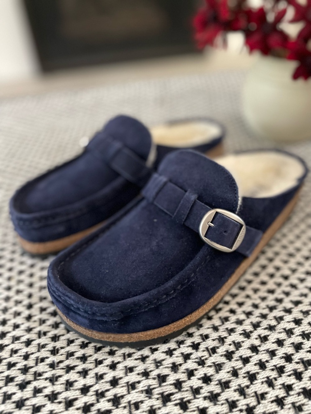 Birkenstock Buckley Shearling Navy Blue Suede Leather 40 Size 9 Clog Mule